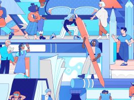 Art by Olivia Fields: a series of tiny people working together to draw