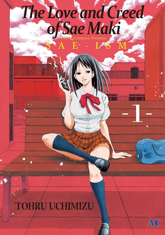sae-ism volume 1 cover. girl wearing high school uniform sits on bench in red lighting. she is crossing her legs and holding a broken smart phone in her left hand; there is a blue bag to her right.