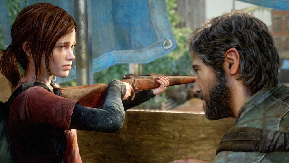 Ellie asking Joel for advice on how to aim a rifle