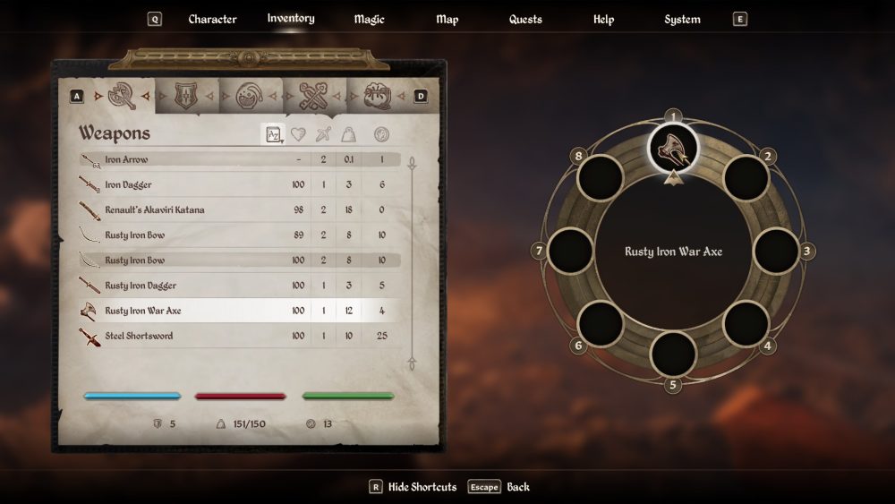 A preview of a quickslot wheel on the right next to the standard inventory list of items in The Elder Scrolls IV: Oblivion remaster.