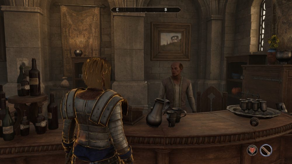 a wood elf in segmented steel armor talks to an imperial man within a tavern in The Elder Scrolls IV: Oblivion.