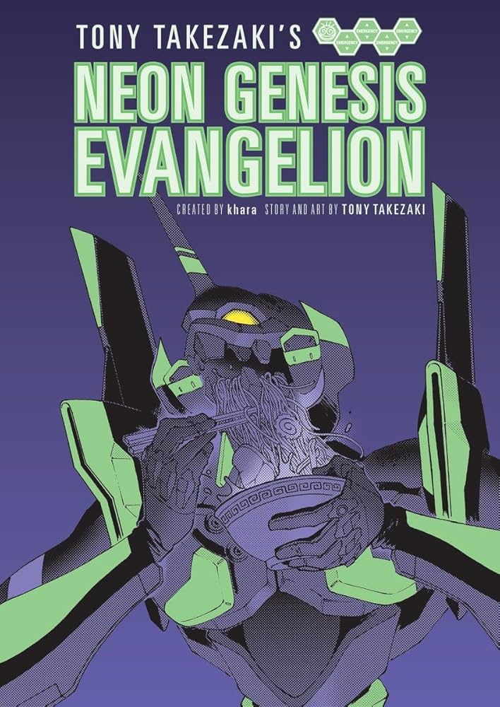 tony takezaki's neon genesis evangelion cover. unit-01, a giant purple robot with green highlights, eats a big bowl of noodles with its teeth and chopsticks.