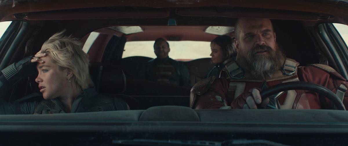 (LR) Yelena Belova (Florence Pugh), John Walker (Wyatt Russell), Ghost (Hannah John-Kamen) and Red Guardian/Alexei Shostakov (David Harbour) (Thunderbolts* of Thunderbolts at Marvel Studios).
