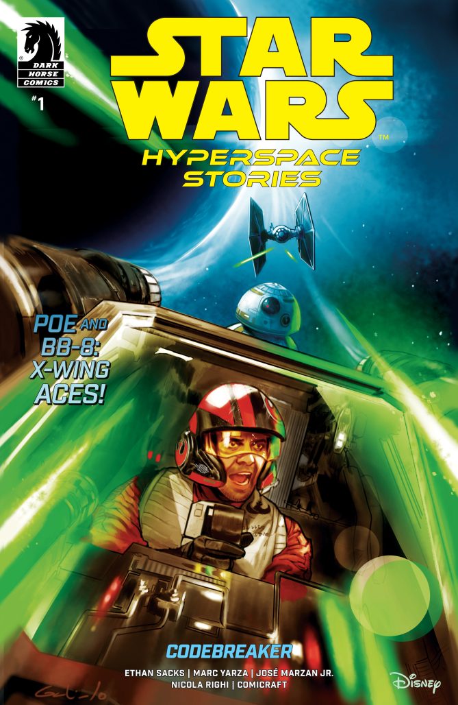 cover art for Star Wars: Hyperspace Stories featuring Ace pilot Poe Dameron and BB-8 on his X-Wing evading Tie fighter blaster fire.