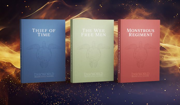 Discworld Graphic Novel Universe announcement Left to right: prospective covers for the Thief of Time, The Wee Free Men, and Monstrous Regiment graphic novels