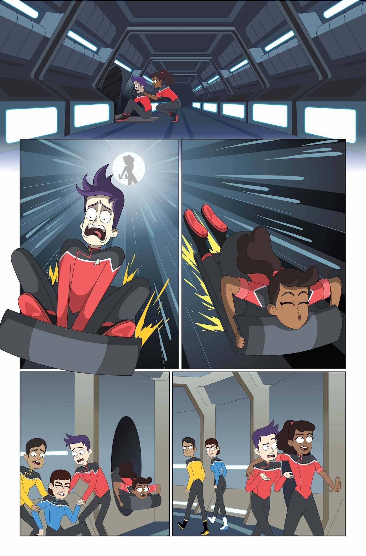 Comic page for Star Trek: Lower Deck #7. Boimler and Mariner are in the Jefferies tube of Cerritos. In the middle panel, Boimler and Mariner slide down along a branch tube. In the panel at the bottom, Boimler helps the crew stand up and is then stared at them by the other crew members, and is taken away by sailors.