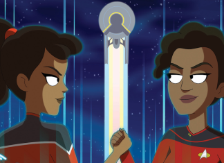 Interview: Writer Tim Sheridan on STAR TREK: LOWER DECKS #7 Mariner and young Freeman lock hands as they beam, with the Cerritos flying between them. Cover for Star Trek: Lower Decks #7 by Tim Sheridan.