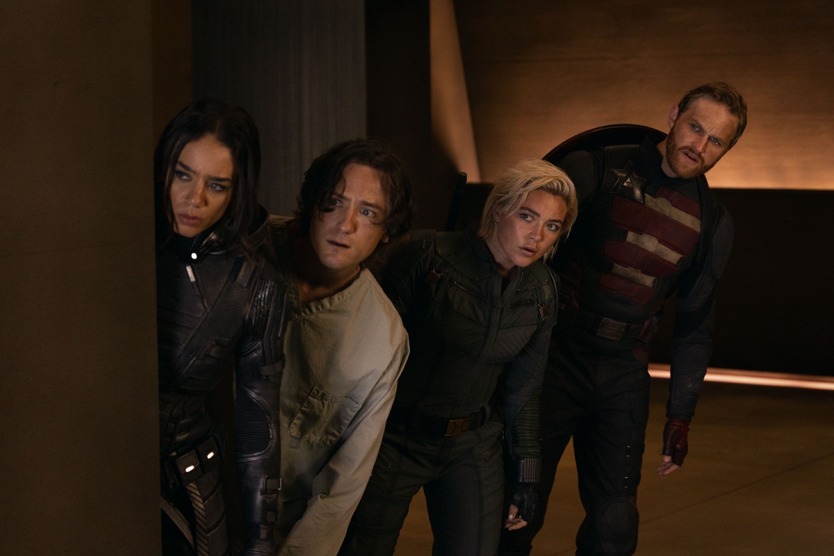 (LR) Ghost (Hannah John-Kamen), Bob (Lewis Pullman), Yelena Belova (Florence Pugh) and John Walker (Wyatt Russell) (Thunderbolts* of Marvel Studios).