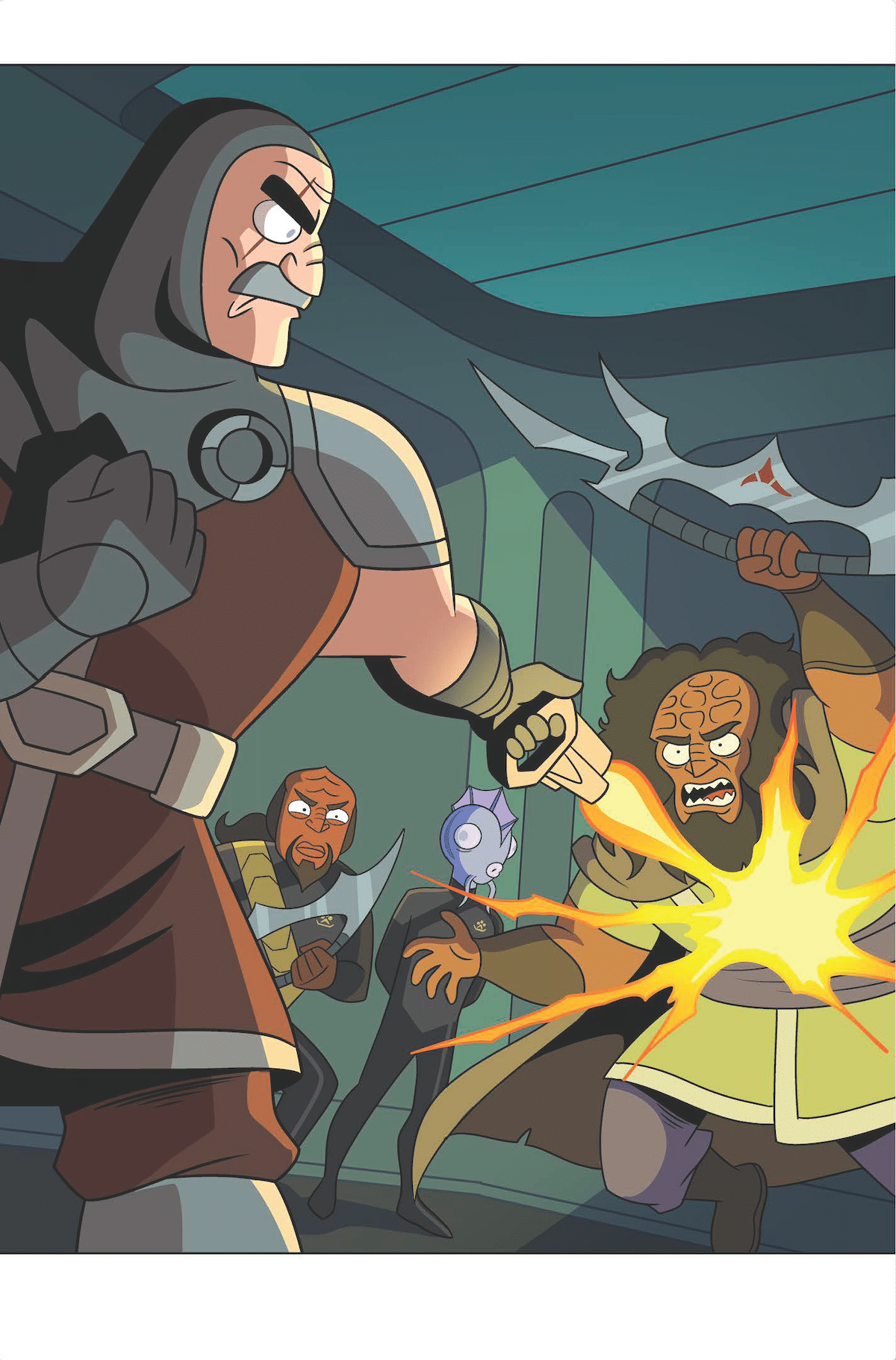 Shaxs phasers Kahless as Worf and an Antedian ensign look on.