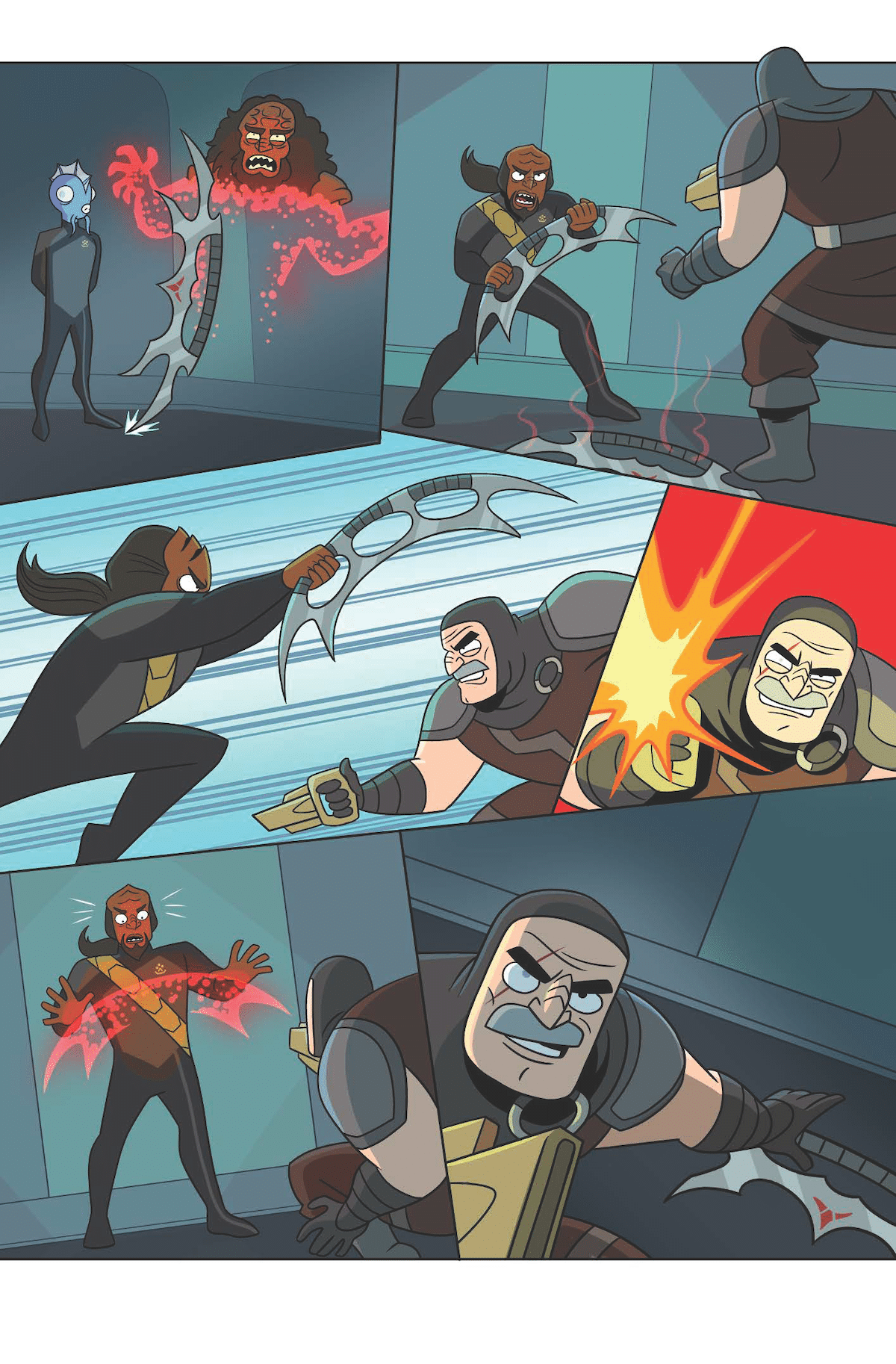 A comic book page. Kahless is disintegrated. Shaxs and Worf fight, but Shaxs disintegrates Worf's bat'leth. Shaxs reaches for Kahless' bat'leth.