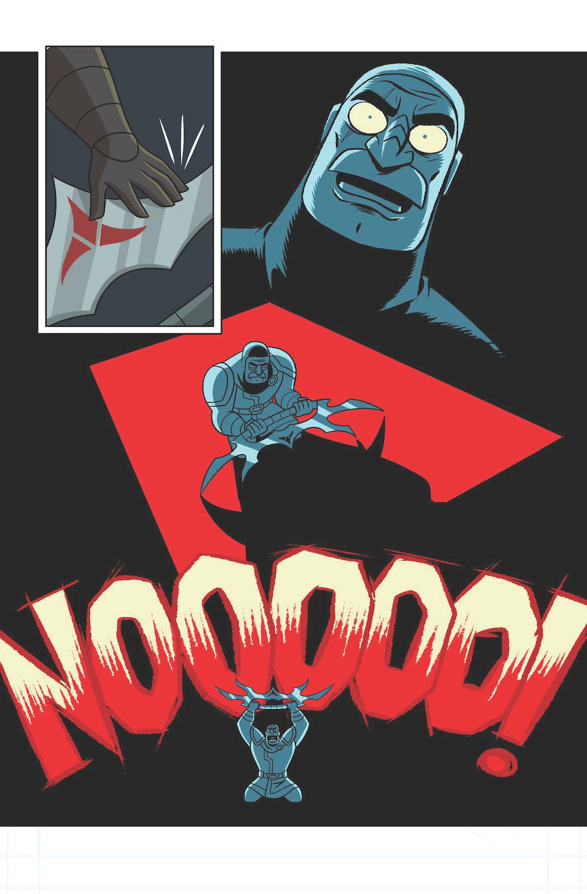 Comic page. Shaxs touches the bat'leth. Suddenly he is struck with a realization. In the final panel, he screams "NOOOOO!" while holding the bat'leth aloft.