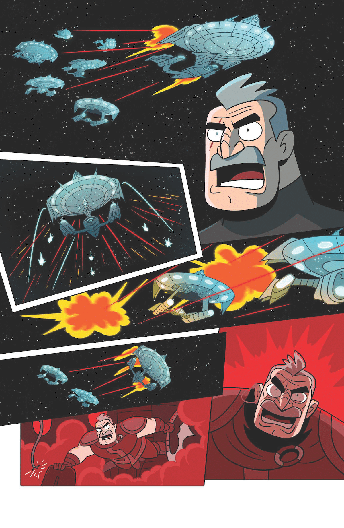Comic page. Several corrupted Starfleet ships fire on the corrupted Enterprise-D. Shaxs screams. Several of the enemy ships are blown up, but two survive. The continue to attack the D. Shaxs floats in zero-g and screams again.