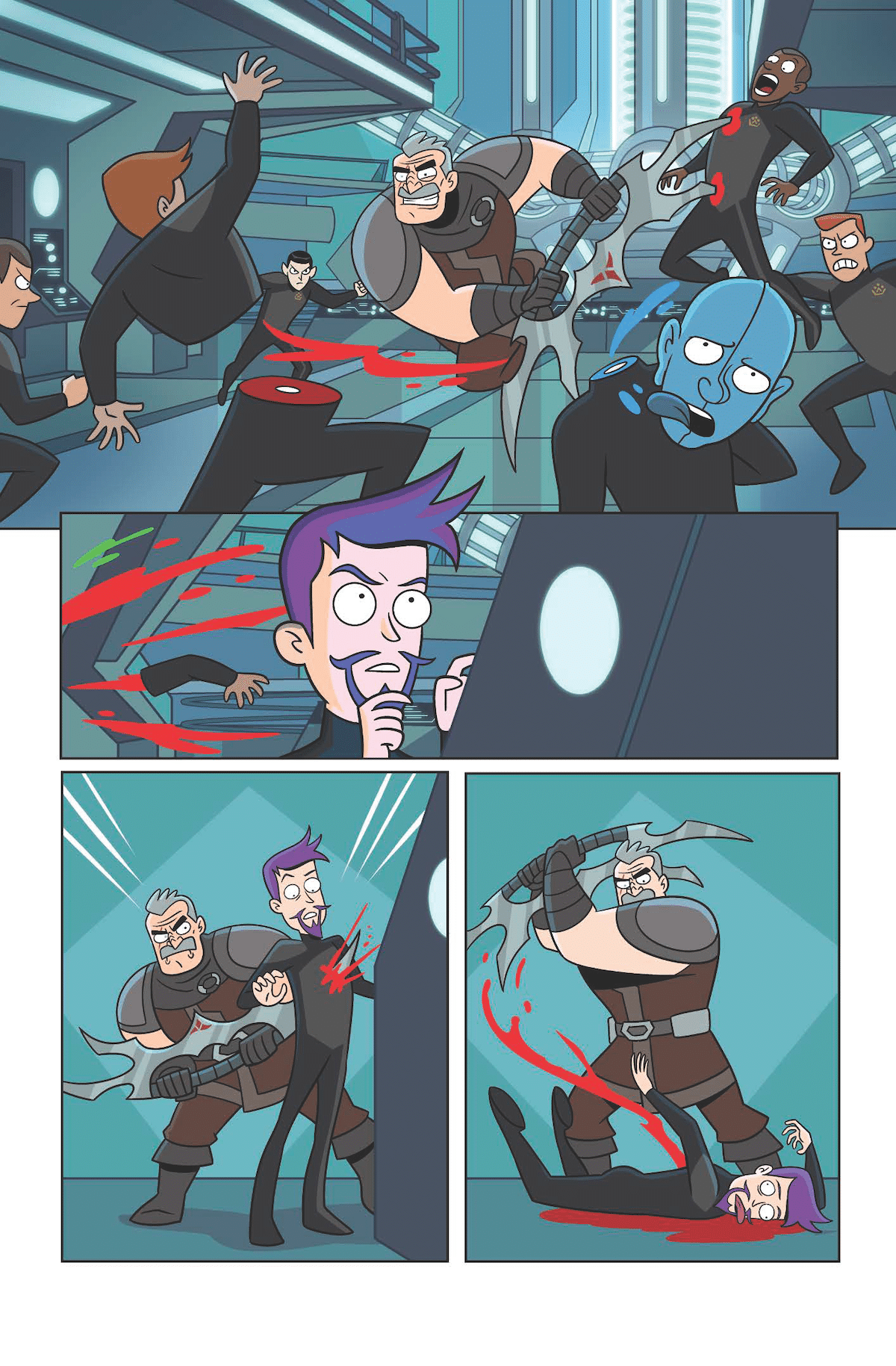 Comics page. In the Cerritos warp engine room, Shax kills at least a half-dozen fascists with his bat'leth. Fascist Boimler is nearby at a computer console. Shax stabs Boimler with the bat'leth, then withdraws the weapon.
