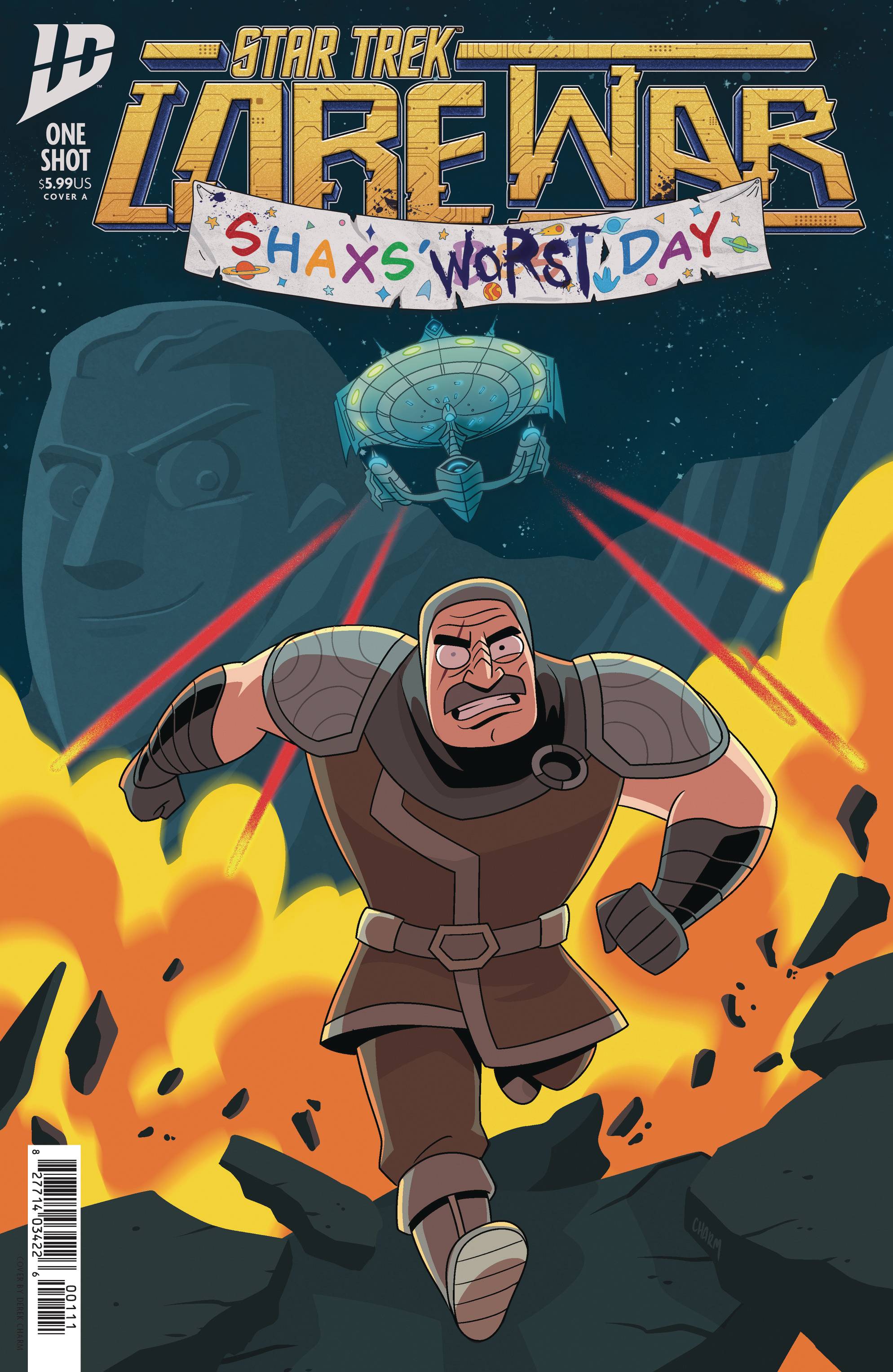 Cover of Star Trek: Lore War: Shaxs' Worst Day featuring Pah Wraith Shax running from the phaser fire of a Starfleet ship under the watching gaze of a Mount Rushmore-esque Lore.