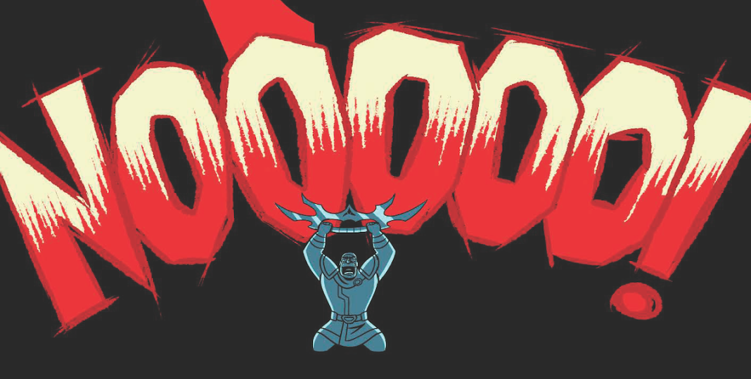 Shaxs screams "no" while holding a bat'leth above his head. From Shaxs' Worst Day.