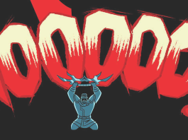 Shaxs screams "no" while holding a bat'leth above his head. From Shaxs' Worst Day.