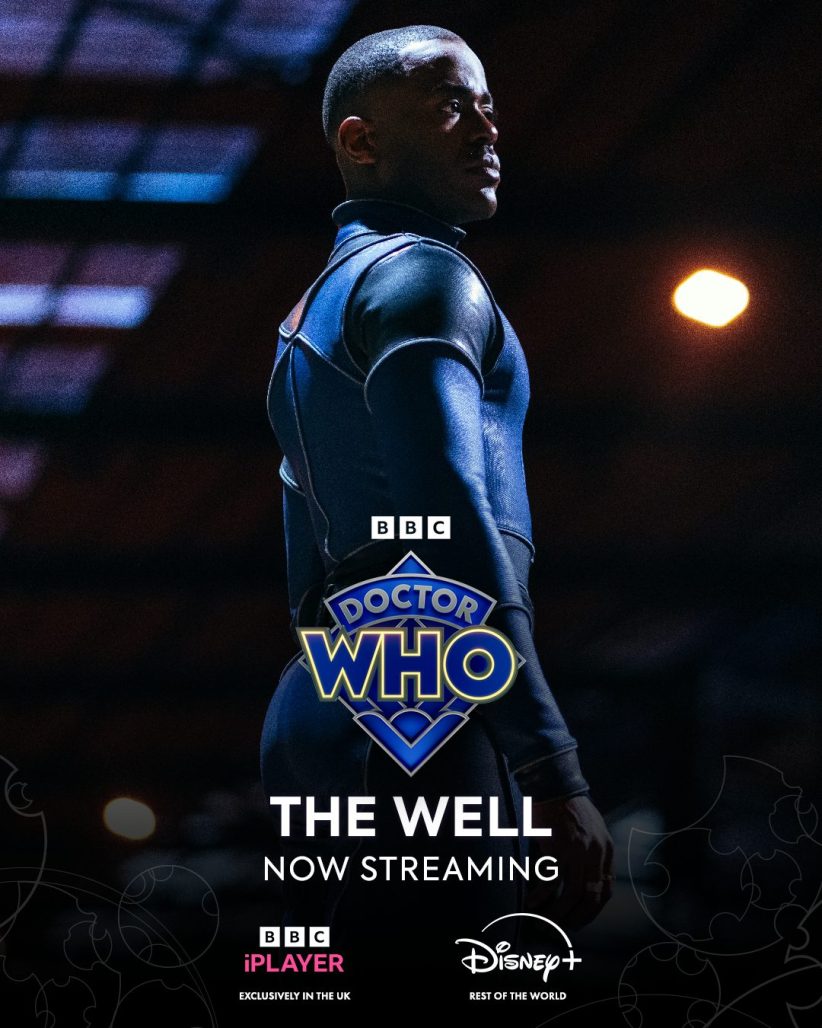 The Doctor stands in a room covered by the Doctor Who logo and title of the show.