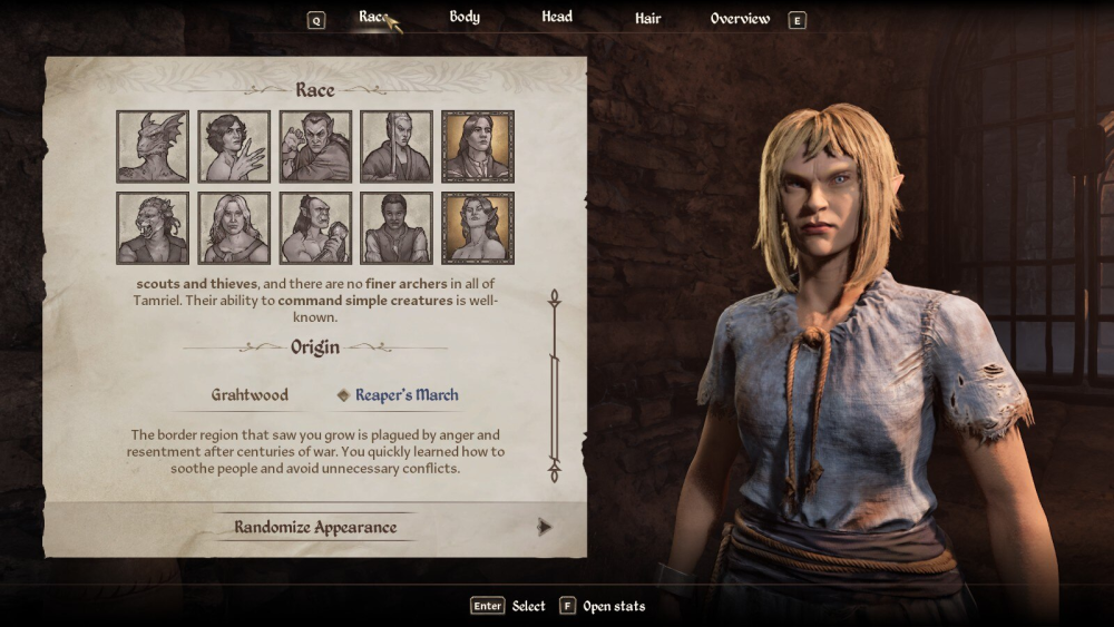 A character creation screen from The Elder Scrolls IV: Oblivion showing a female wood elf, her name, and origins compared to a list of 9 other races.
