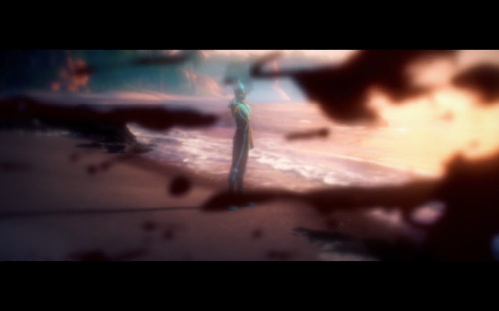 e-soul stands on a beach with his arm out. the camera lens is soaked with blood.
