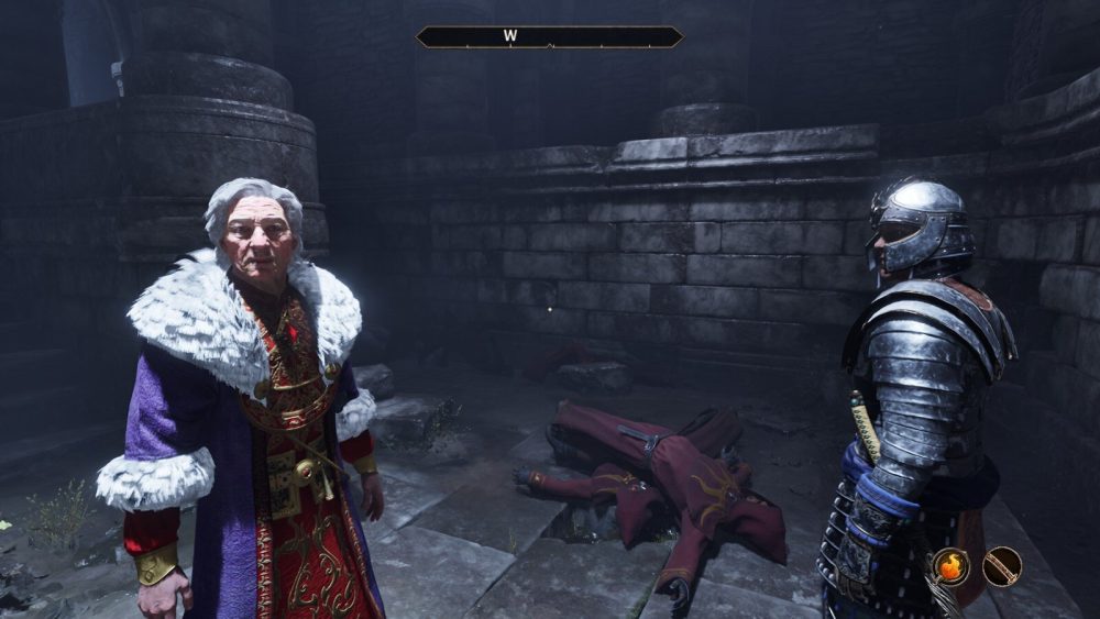 Emperor Uriel VII and one of his bodyguards lit by the sunlight leaking down into the Imperial City sewers in The Elder Scrolls IV: Oblivion. 