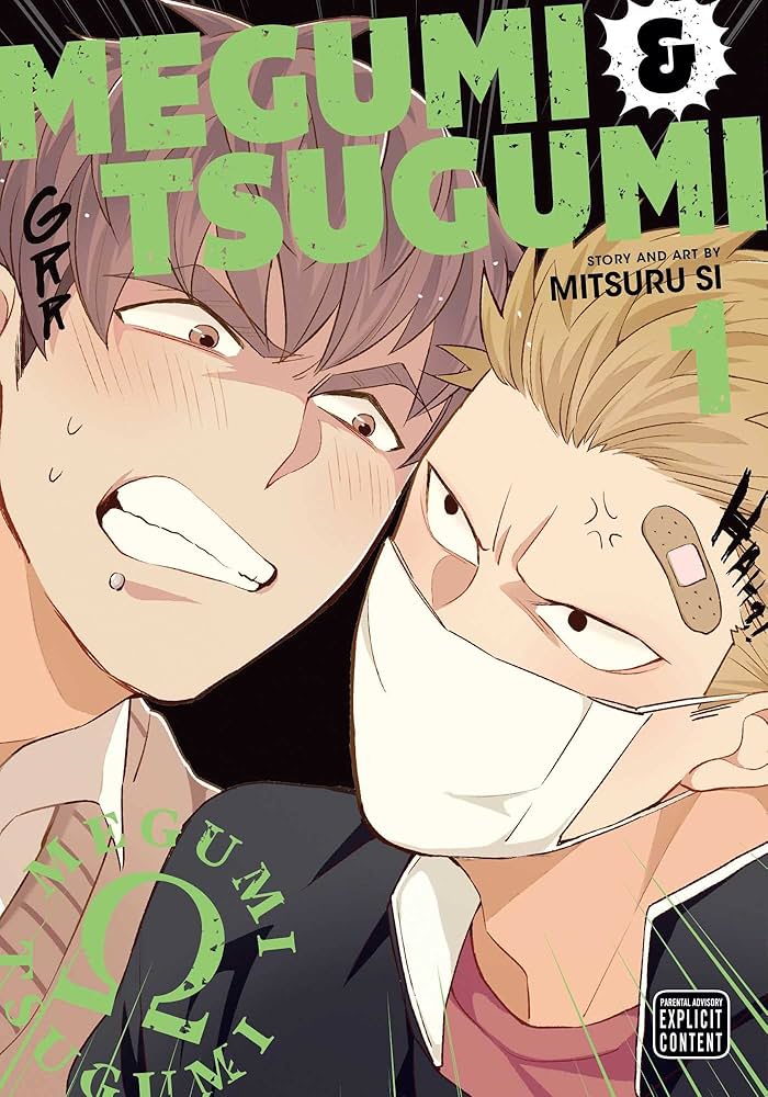 Megumi and Tsugumi covers. Everyone frowned. The one on the right is wearing a mask and a bandage on his forehead.