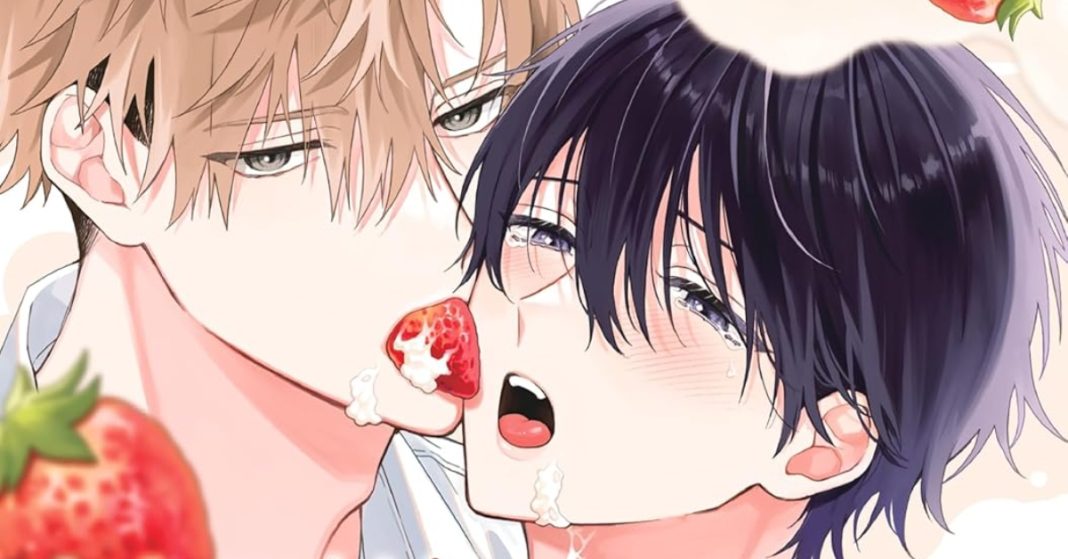 Two boys share a strawberry and cream with each other. Manga.