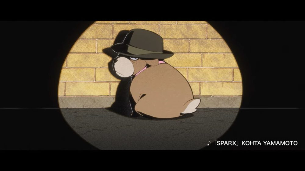 Ahu, a small brown dog with a suspicious expression and wearing a dark brown and olive hat as well as a pink tie.