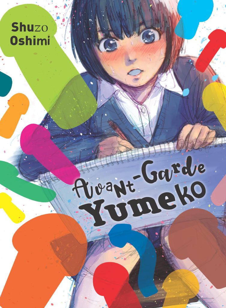 avant-garde yumeko cover. a young girl wearing a school uniform scribbles in a sketchbook. around her float multi-colored phallic "eggplants."