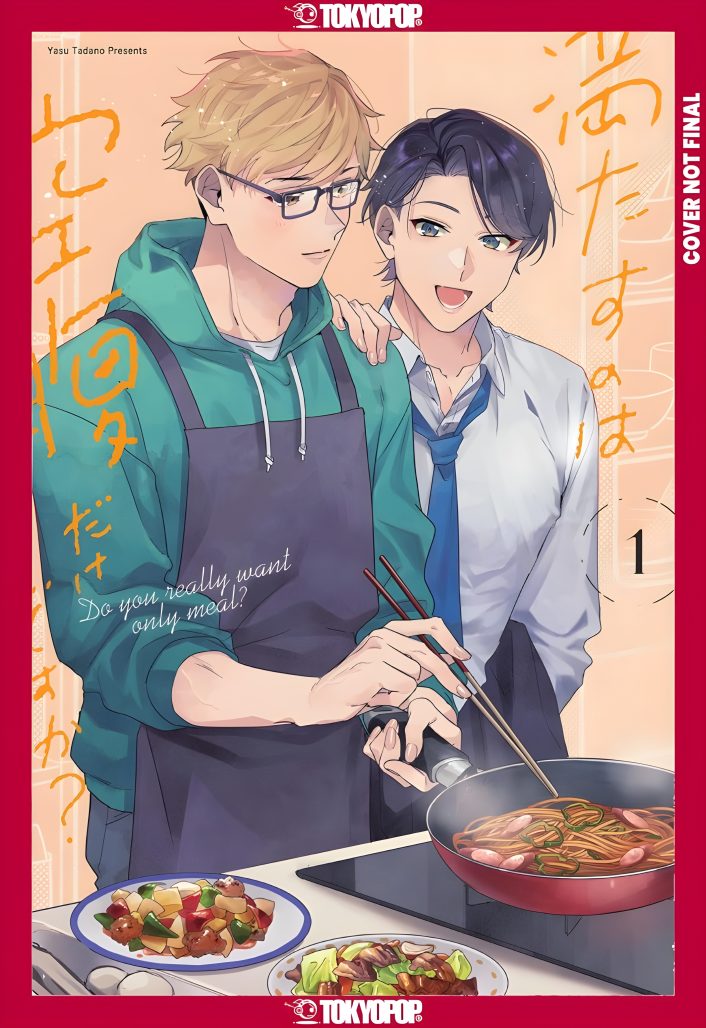 A man in glasses and a hoodie is cooking on a range while a businessman smiles behind him. Cover of a BL manga.
