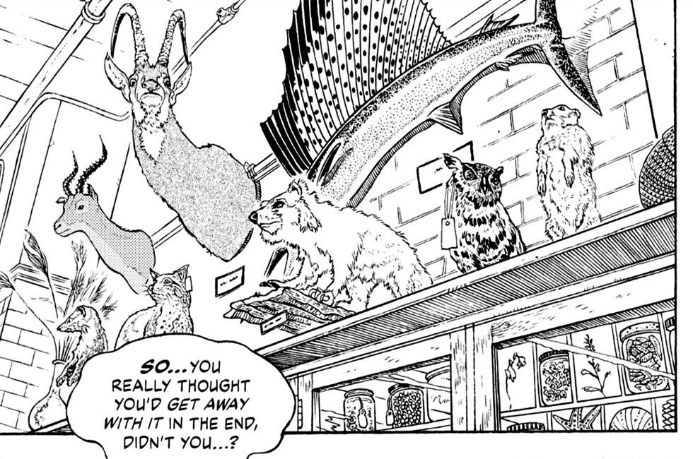 The Harrowing Game page 28. A display of taxidermied animals in the RISD Nature Lab.