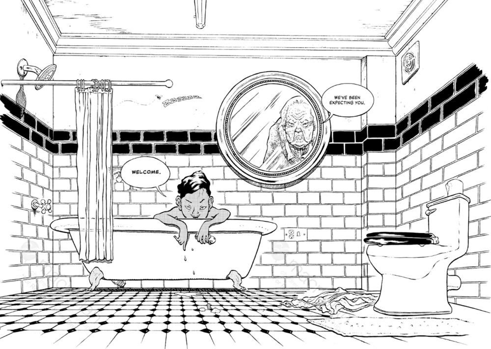 The Harrowing Game pages 7 and 8. The child and the old woman greet the girl in the doorway, saying, “We’ve been expecting you.”