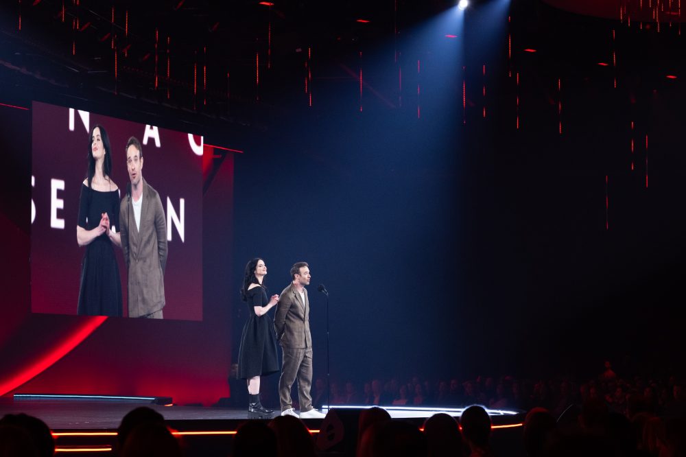 Krysten Ritter and Charlie Cox at the Disney advertising upfront on May 13, 2025. Photo courtesy of Disney/Jennifer Pottheiser