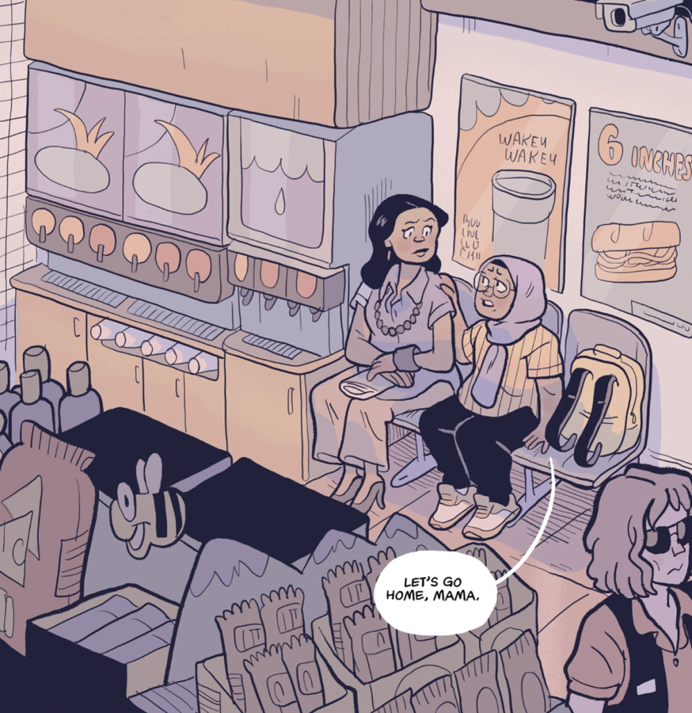 Low Orbit page 306. Azar talks with her mother in a gas station convenience store.