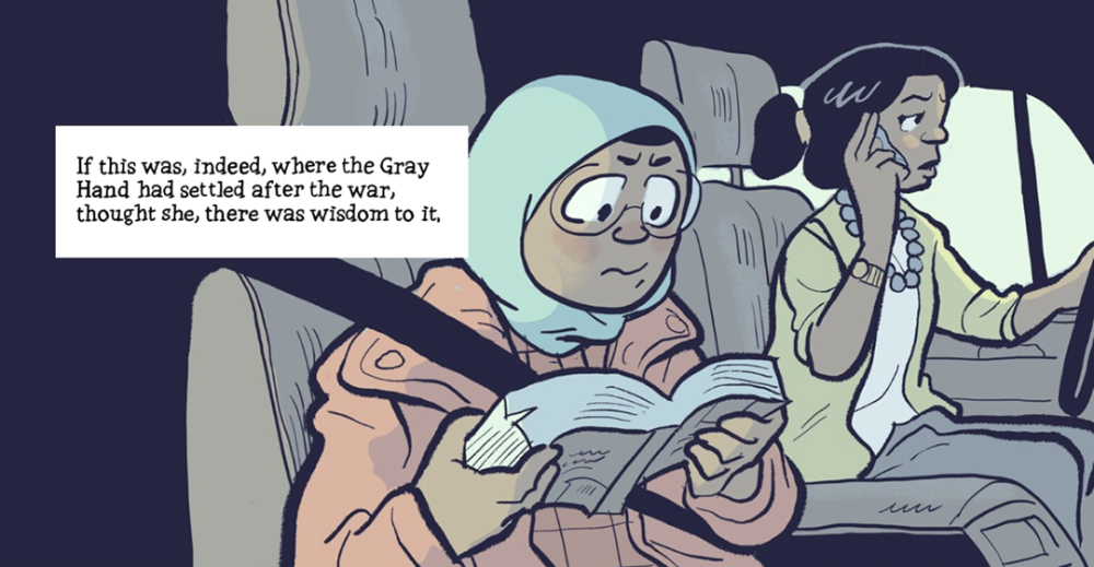 Low Orbit page 47. Azar reads The Exiles of Overworld during a car ride with her mother.