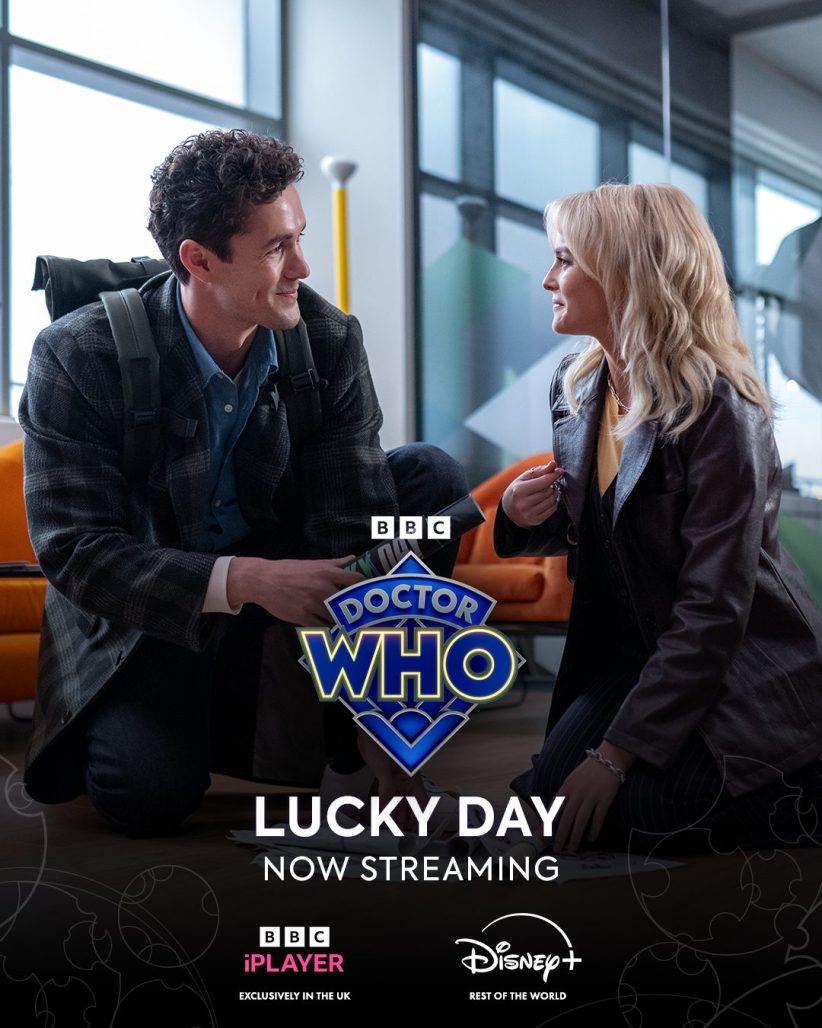 Conrad and Ruby realize they have feelings for one another while kneeling behind the Doctor Who and BBC logos.