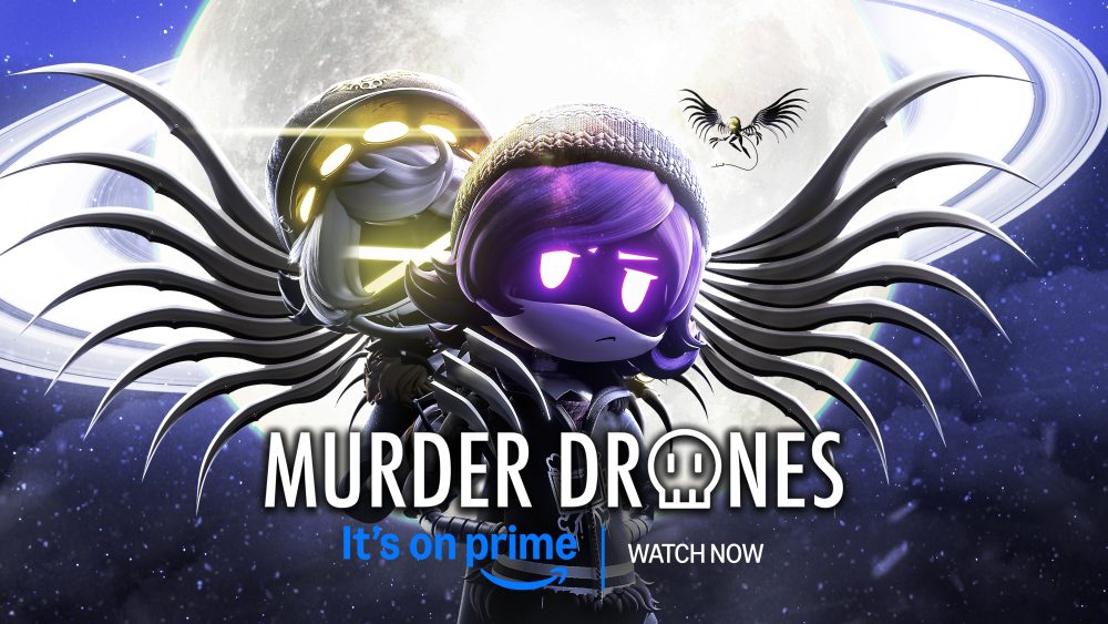 Two robots, one with yellow lights and one with purple, named N and Uzi stand in front of an enlarged moon in the background. Promotional render for Murder Drones by Glitch productions.