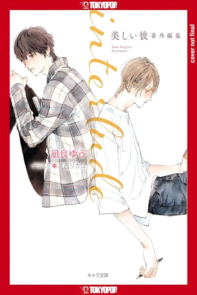 Two young men sit back to back on a BL light novel cover. 