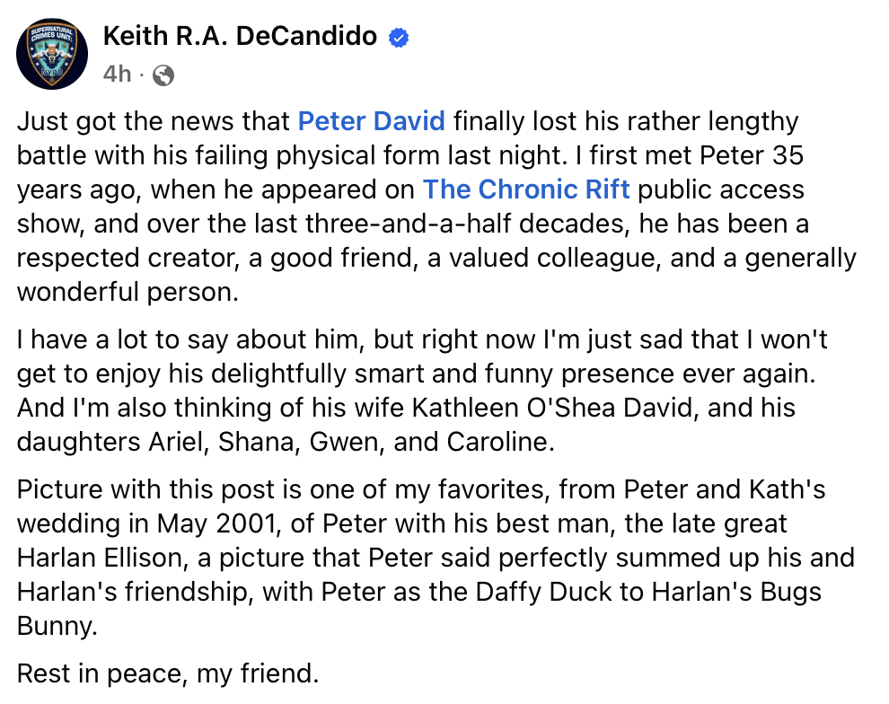 Keith decay's facebook post on peter David's Death