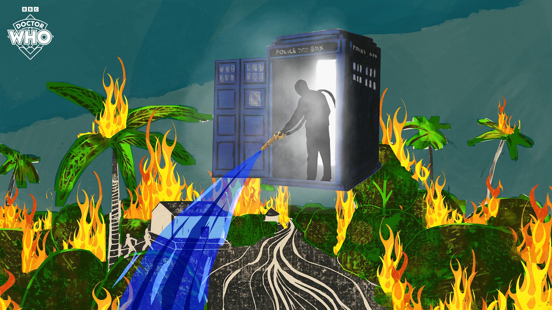 The Doctor puts out a forest fire from his TARDIS, © BBC and Disney 2025