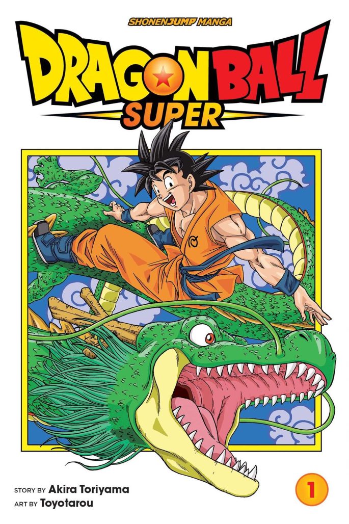 dragon ball super cover. goku, a muscular man with black spiky hair wearing an orange martial arts gi, rides a green dragon.