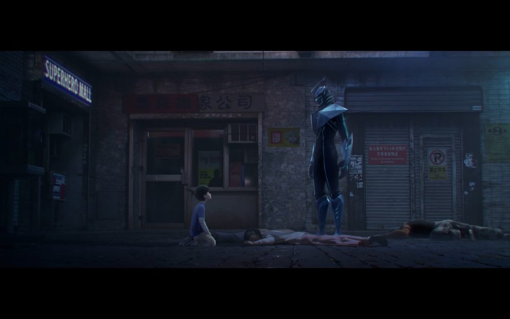 e-soul looks down at young yang cheng, kneeling next to the bodies of his parents