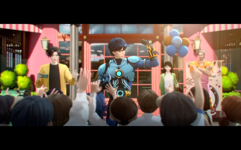 yang cheng flexes in his e-soul suit at press conference. xia qing holds balloons, shang ciao and rock stand at the left and right side respectively.