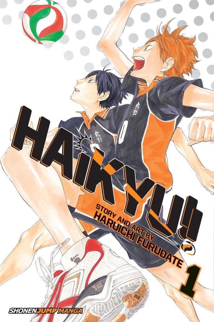 haikyuu cover. two teenage boys wearing volleyball uniforms, one with orange hair and one with black hair, reach for a volleyball in the air.
