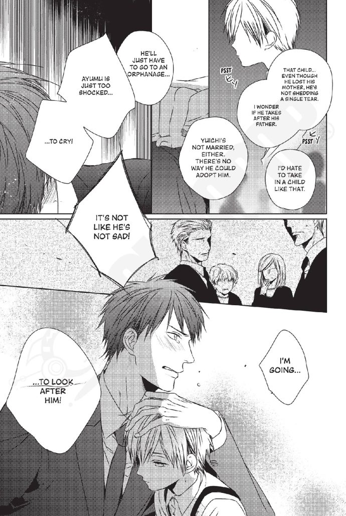 People gosspi at a funeral while a man hugs a young child. Manga panel.