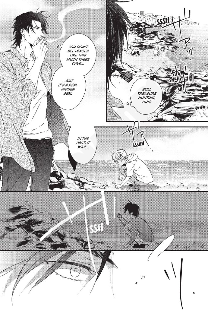 A man watches a young boy search the seashore. He remembers himself as a child doing the same thing. Manga panel.