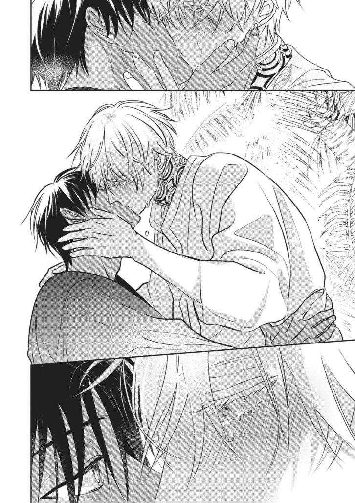 Comics panel page from Palace of the Omega vol. 2. Ilia and Khalid kiss passionately as they reunite. 