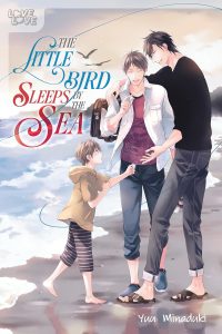 Two men and a young boy play on the sea. Cover of a BL manga.