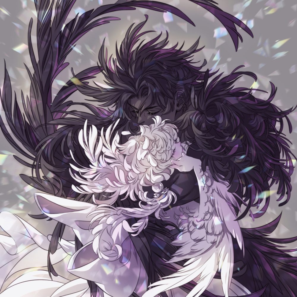 winged cover. beautiful white and black bird people embrace.