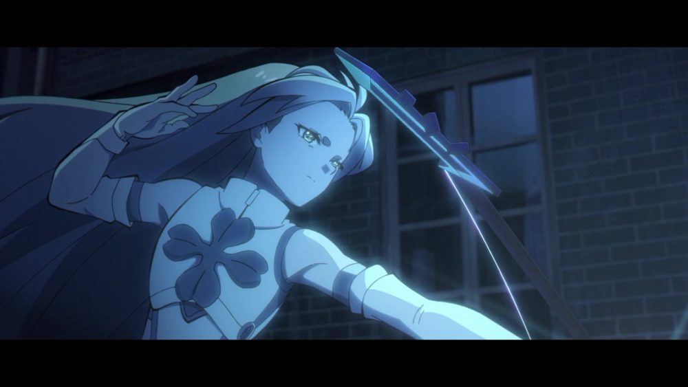 teenager with green hair and a clover on her chest pulls back a green bow tbhx lucky cyan arc