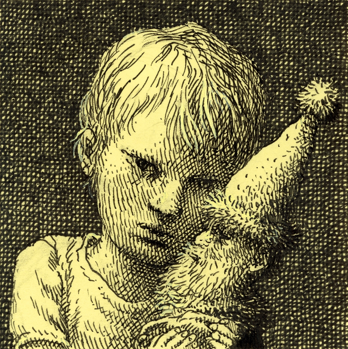 Post-It drawing of kid holding a gnome